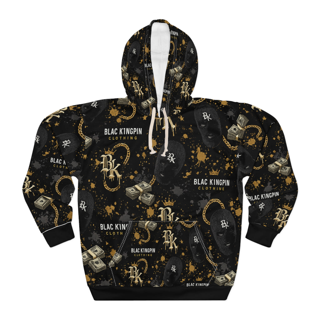 Black Kingpin Logo Pattern Hoodie | Money, Chains, Caps All-Over Print