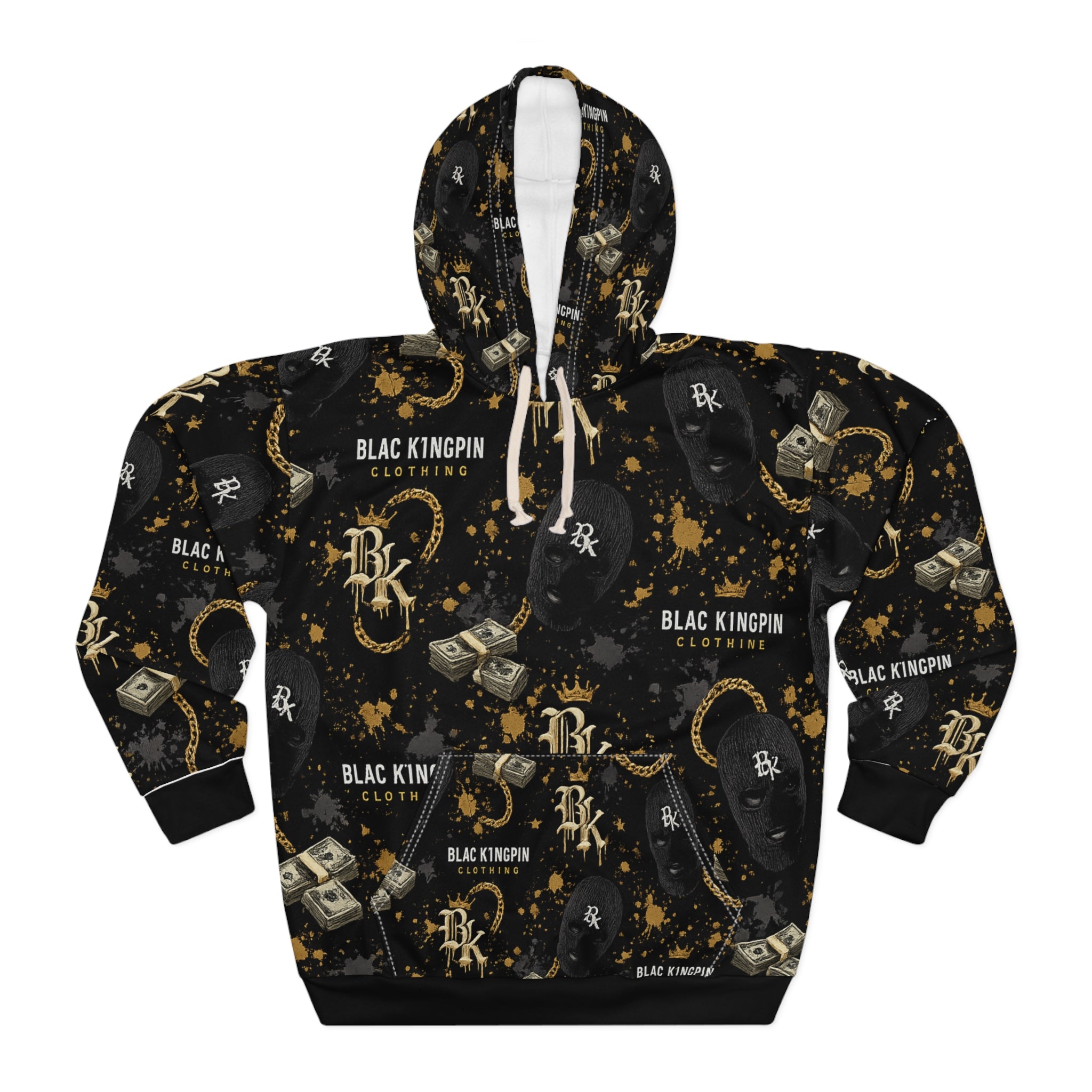 Black Kingpin Logo Pattern Hoodie | Money, Chains, Caps All-Over Print