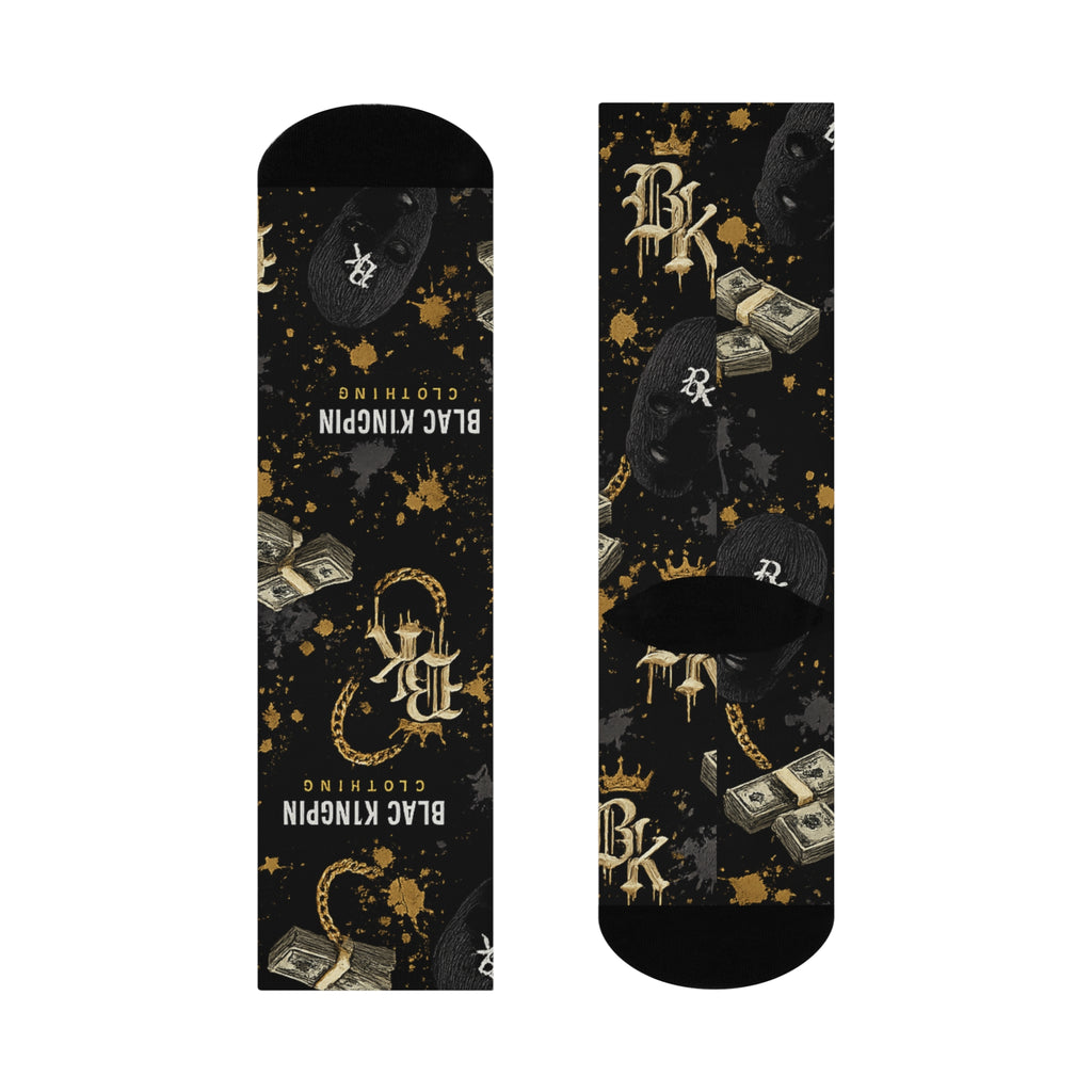 Black Kingpin Logo Money Pattern Cushioned Crew Socks | Streetwear