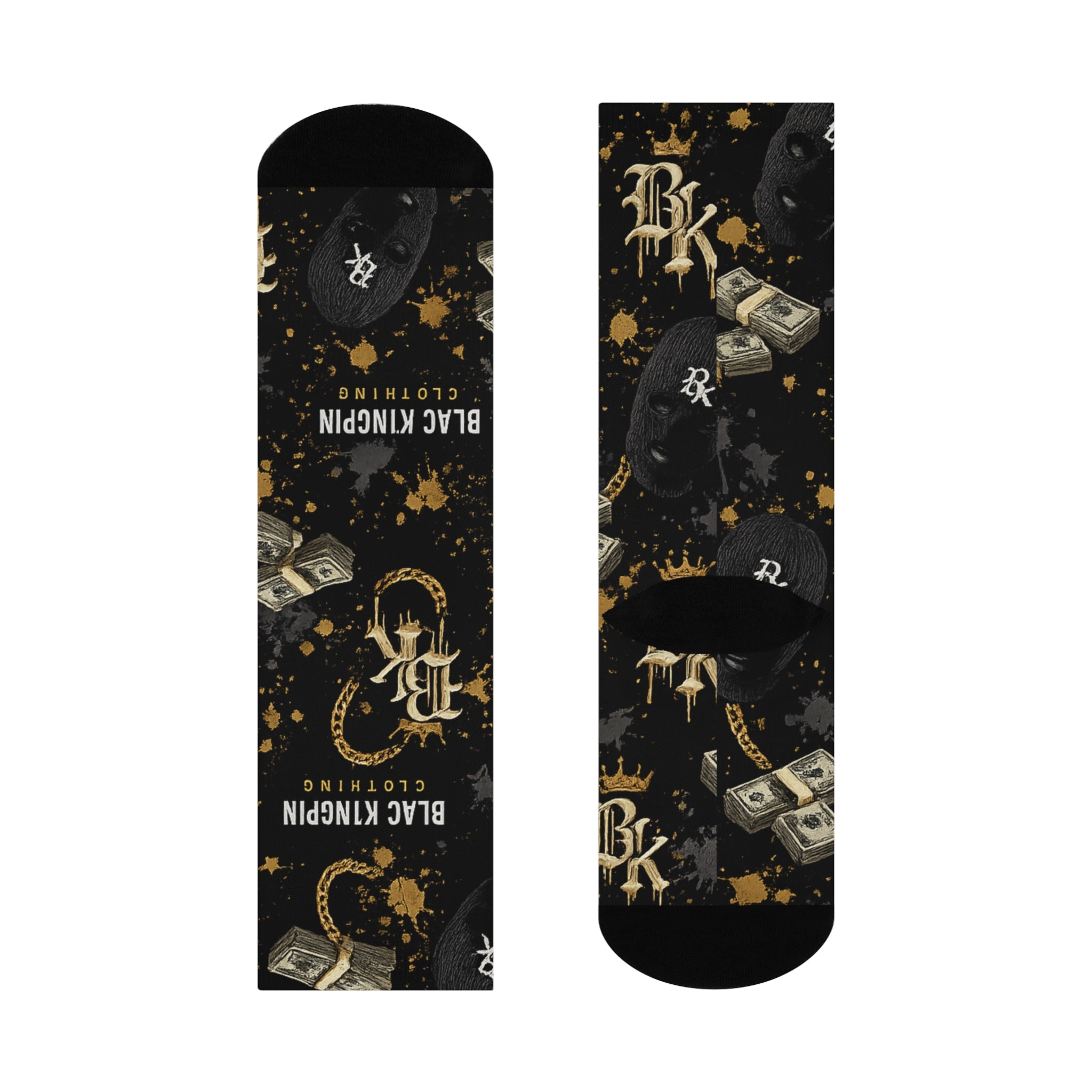 Black Kingpin Logo Money Pattern Cushioned Crew Socks | Streetwear