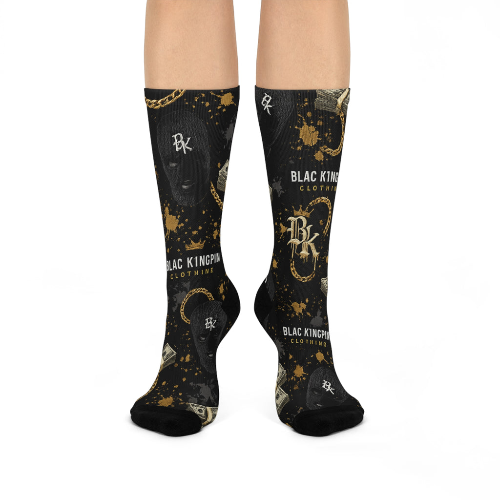 Black Kingpin Logo Money Pattern Cushioned Crew Socks | Streetwear