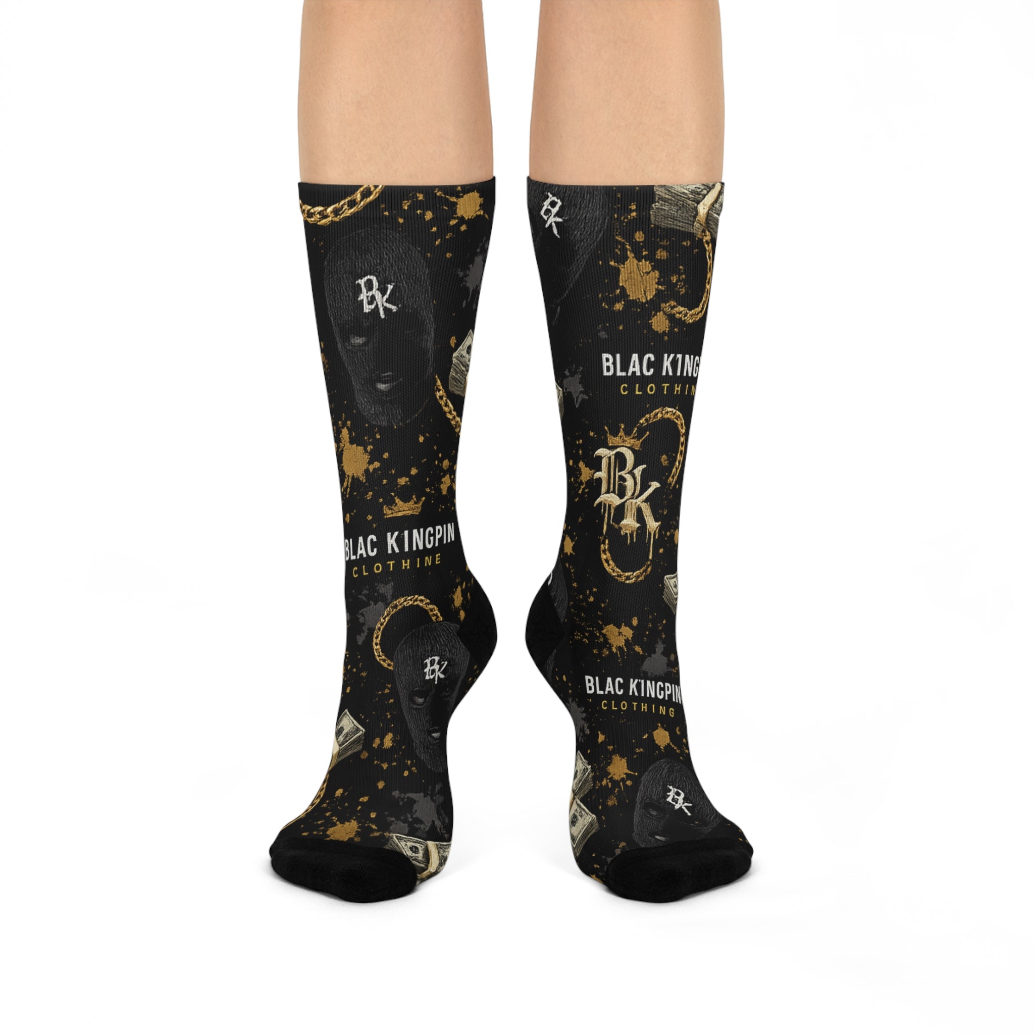 Black Kingpin Logo Money Pattern Cushioned Crew Socks | Streetwear