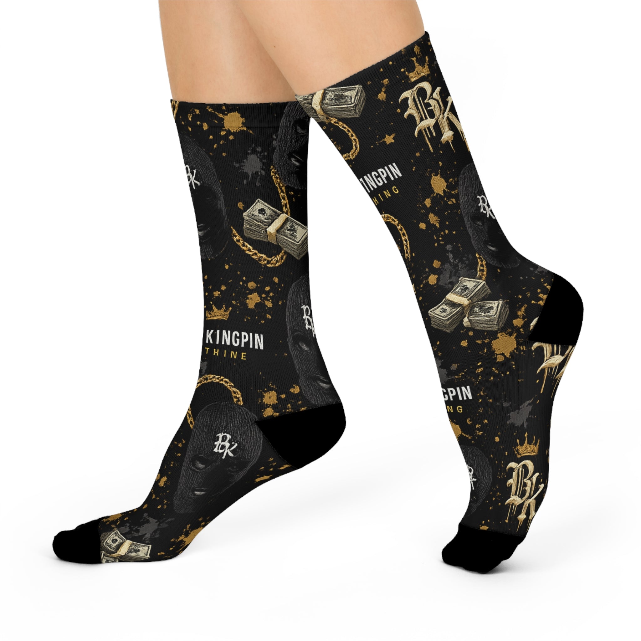 Black Kingpin Logo Money Pattern Cushioned Crew Socks | Streetwear