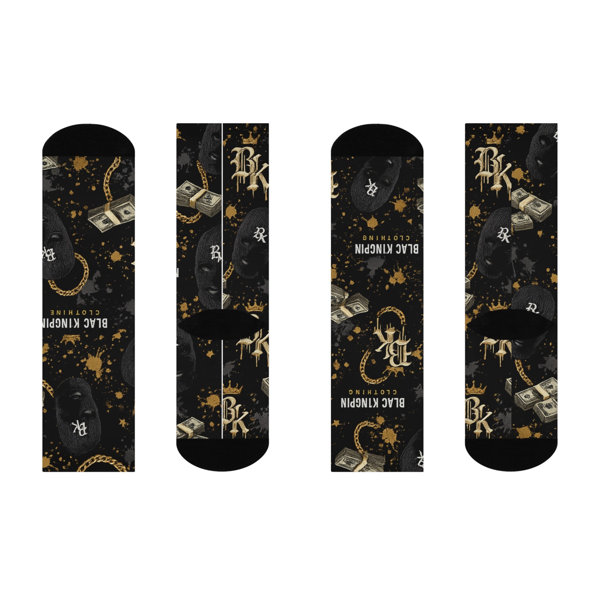 Black Kingpin Logo Money Pattern Cushioned Crew Socks | Streetwear