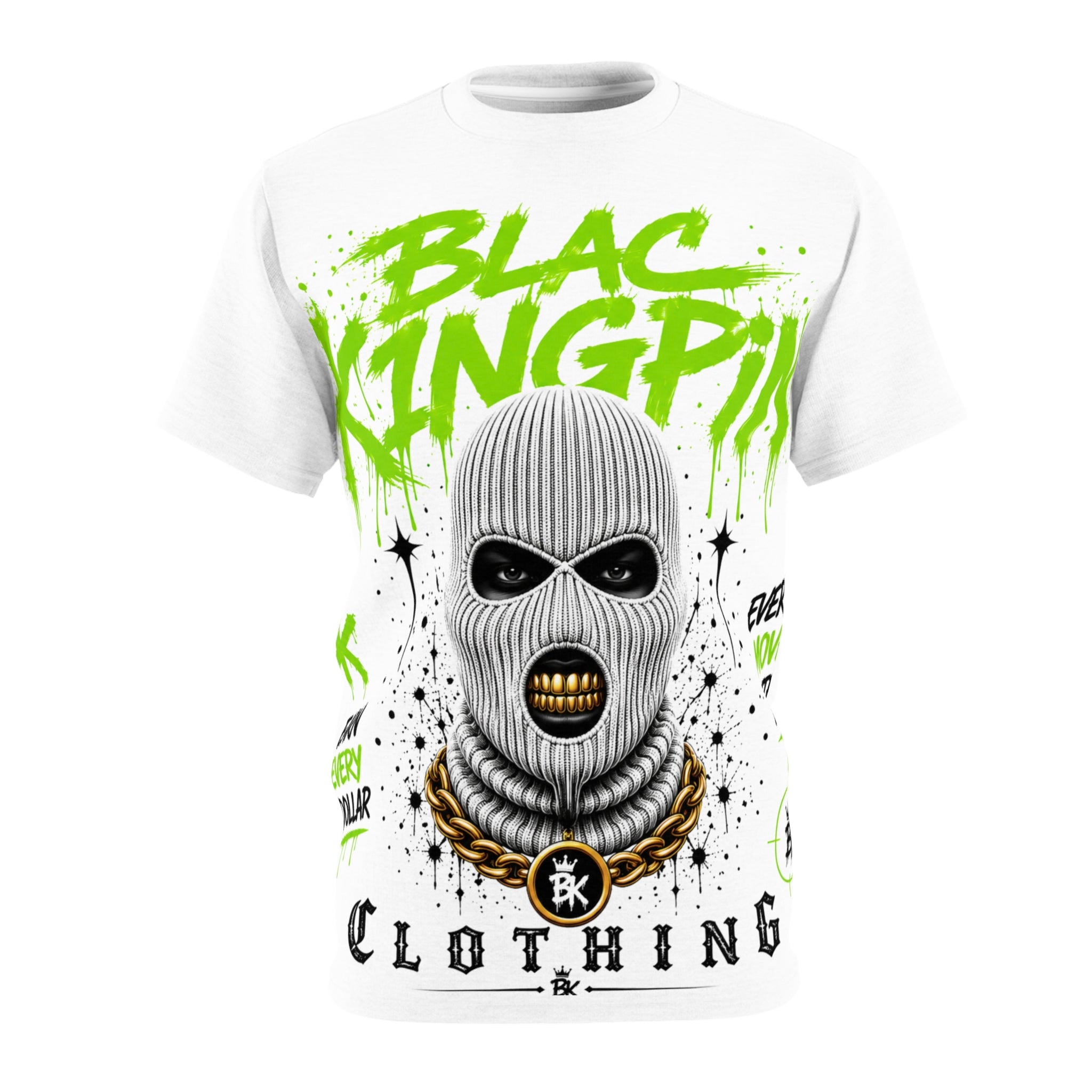 Green Graffiti Ski Mask Design T-Shirt | Gold Chain Streetwear