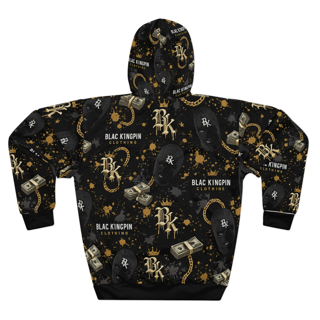 Black Kingpin Logo Pattern Hoodie | Money, Chains, Caps All-Over Print