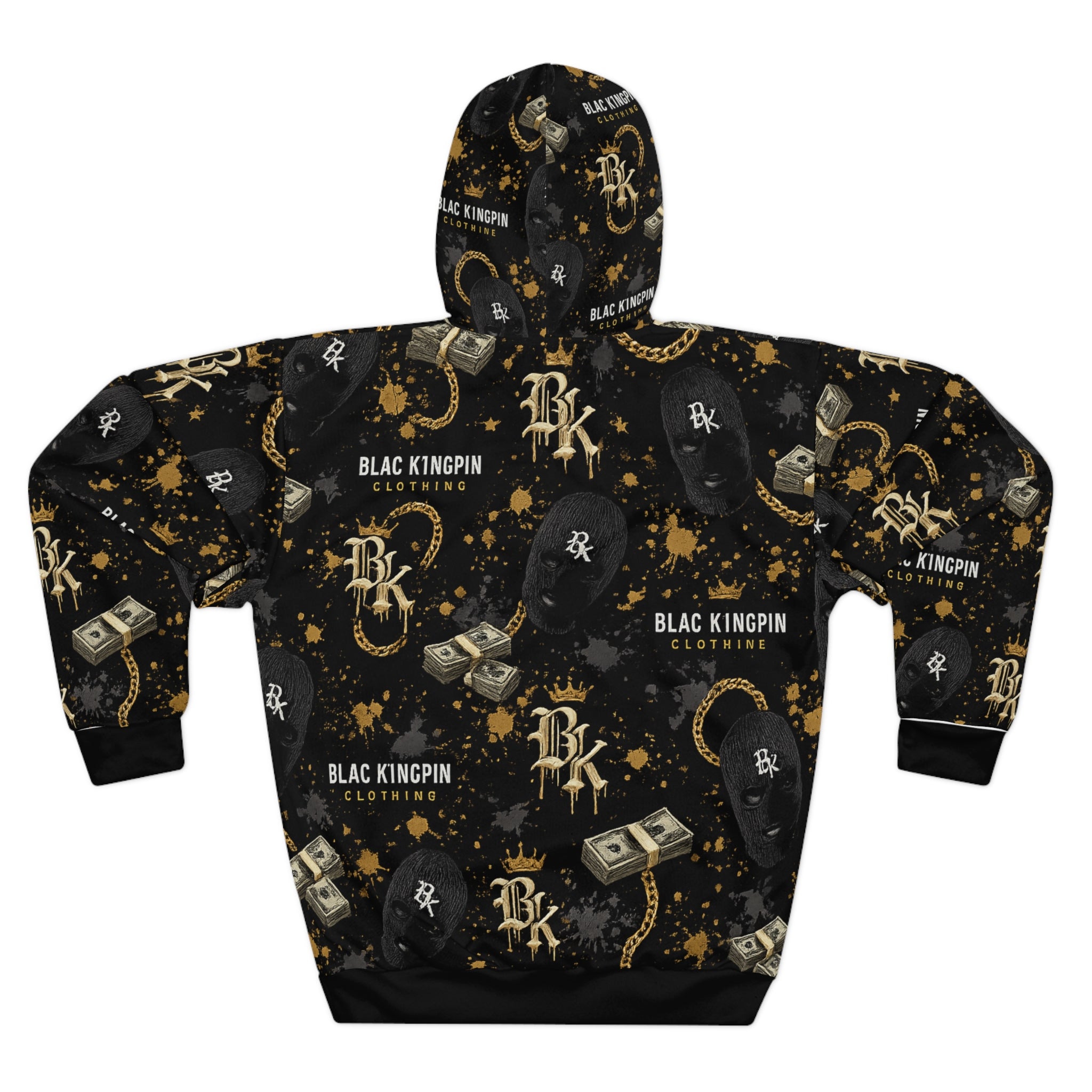 Black Kingpin Logo Pattern Hoodie | Money, Chains, Caps All-Over Print